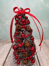 Load image into Gallery viewer, Artisan Hand Decorated Snow Frosted Medium Christmas Tree Red Ornaments , Jingle Bells & Red Bow
