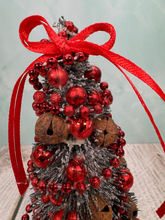 Load image into Gallery viewer, Artisan Hand Decorated Snow Frosted Medium Christmas Tree Red Ornaments , Jingle Bells & Red Bow