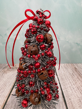 Load image into Gallery viewer, Artisan Hand Decorated Snow Frosted Medium Christmas Tree Red Ornaments , Jingle Bells & Red Bow