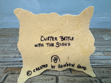 Load image into Gallery viewer, Artisan Rainbow Hand Custer's Battle Native American Line Drawing On Leather Hide