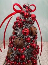 Load image into Gallery viewer, Artisan Hand Decorated Snow Frosted Medium Christmas Tree Red Ornaments , Jingle Bells & Red Bow