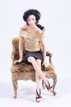 Load image into Gallery viewer, Hand made Porcelain Doll with Gold Lame Top, Legs Crossed
