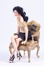 Load image into Gallery viewer, Hand made Porcelain Doll with Gold Lame Top, Legs Crossed