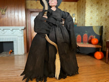 Load image into Gallery viewer, Dollhouse Miniature ~ Halloween Witch Doll in Black Hat & Robe w/ Broomstick Marcia Backstrom