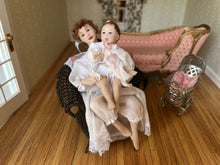 Load image into Gallery viewer, Signed MT BT 1999 Mother & Baby Doll in Brown Wicker Chair
