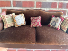 Load image into Gallery viewer, Dollhouse Miniature ~ Desirée Lafuente 2010 Artisan Made Leather & Brown Velvet Sofa Couch with Pillows Living Room