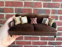 Load image into Gallery viewer, Dollhouse Miniature ~ Desirée Lafuente 2010 Artisan Made Leather & Brown Velvet Sofa Couch with Pillows Living Room