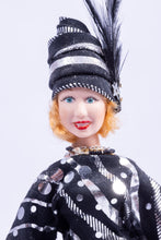 Load image into Gallery viewer, Dollhouse Miniatures ~ Handmade Porcelain Doll Dressed in 1930's Black & Silver