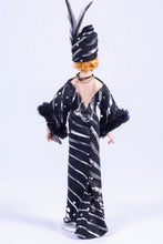 Load image into Gallery viewer, Dollhouse Miniatures ~ Handmade Porcelain Doll Dressed in 1930's Black & Silver