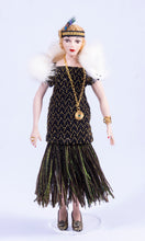 Load image into Gallery viewer, Dollhouse Miniatures ~ Handmade Porcelain Doll Dressed in 1920's - 1930's Black & Gold Dress