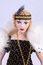Load image into Gallery viewer, Dollhouse Miniatures ~ Handmade Porcelain Doll Dressed in 1920's - 1930's Black & Gold Dress