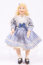 Load image into Gallery viewer, Dollhouse Miniature ~ Porcelain Young Girl Doll in Blue Pin Striped Dress