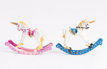 Load image into Gallery viewer, Artisan Hand Painted Pink or Blue Unicorn Rocking Horse - Metal Toy