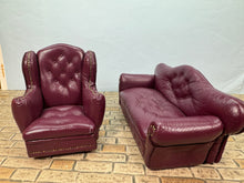 Load image into Gallery viewer, Dollhouse Miniature ~ Vintage 1990’s Artisan Pat Tyler Handmade Burgundy Leather Chair & Couch Set
