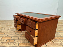 Load image into Gallery viewer, Vintage Artisan Signed 1982 Handmade Wooden 7 Drawer Desk With Green Leather Top