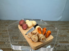 Load image into Gallery viewer, Dollhouse Miniature ~ Artisan Handmade Potato , Carrots, Parsnips Cutting Board With Knife