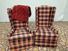 Load image into Gallery viewer, Dollhouse Miniature ~ Vintage Artisan Handmade Chair Set With Handmade Afghan Throw Blanket