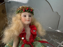 Load image into Gallery viewer, Dollhouse Miniature ~ Vintage Artisan Handmade Handpainted Porcelain Christmas Girl Doll Blonde Hair