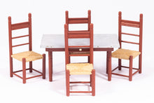 Load image into Gallery viewer, Dollhouse Miniature ~ 4 Painted Rustic Red Ladder Back Rush Chairs & Table by Palmer E. Daugherty