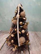 Load image into Gallery viewer, Artisan Hand Decorated Snow Frosted Medium Christmas Tree Gold Ornaments With White Bow