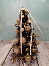 Load image into Gallery viewer, Artisan Hand Decorated Snow Frosted Medium Christmas Tree Gold Ornaments With White Bow