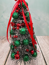 Load image into Gallery viewer, Artisan Hand Decorated Snow Frosted Medium Christmas Tree Red & Green Ornaments With Red Bow