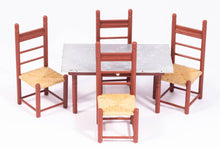 Load image into Gallery viewer, Dollhouse Miniature ~ 4 Painted Rustic Red Ladder Back Rush Chairs & Table by Palmer E. Daugherty