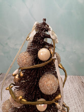 Load image into Gallery viewer, Artisan Hand Decorated Snow Frosted Medium Christmas Tree Gold Ornaments With White Bow