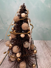 Load image into Gallery viewer, Artisan Hand Decorated Snow Frosted Medium Christmas Tree Gold Ornaments With White Bow