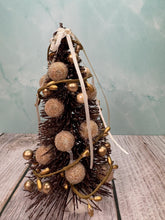 Load image into Gallery viewer, Artisan Hand Decorated Snow Frosted Medium Christmas Tree Gold Ornaments With White Bow