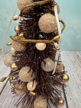 Load image into Gallery viewer, Artisan Hand Decorated Snow Frosted Medium Christmas Tree Gold Ornaments With White Bow