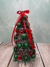 Load image into Gallery viewer, Artisan Hand Decorated Snow Frosted Medium Christmas Tree Red & Green Ornaments With Red Bow