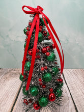 Load image into Gallery viewer, Artisan Hand Decorated Snow Frosted Medium Christmas Tree Red & Green Ornaments With Red Bow
