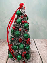 Load image into Gallery viewer, Artisan Hand Decorated Snow Frosted Medium Christmas Tree Red & Green Ornaments With Red Bow