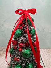 Load image into Gallery viewer, Artisan Hand Decorated Snow Frosted Medium Christmas Tree Red & Green Ornaments With Red Bow