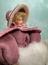 Load image into Gallery viewer, Dollhouse Miniature ~ Artisan Handmade Porcelain Woman in Purple Winter Coat & Ice Skates Doll