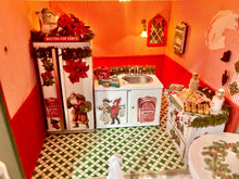 Load image into Gallery viewer, Dollhouse Miniature  ~ 6 Piece Christmas Decorated White Kitchen Set - Sink, Stove, Fridge, Table, & 2 Chairs - Santa, Holiday, OOAK