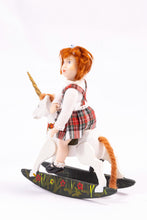 Load image into Gallery viewer, Dollhouse Miniature ~ Little Girl Porcelain Doll Short Red Hair Red Plaid Tartan Dress on Wooden Rocking Horse Artisan Made Irish Scottish