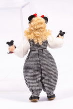 Load image into Gallery viewer, Curly Blonde Hair Little Girl Doll in B&W Checkered Overalls with Mickey Mouse Ears and Toys Artisan Made Pat Melvin