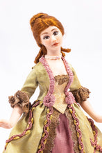 Load image into Gallery viewer, Porcelain Lady Doll in 18th Century Colonial Versailles Olive Green & Pink Dress Gown Debra Hammond Artisan Made