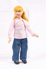 Load image into Gallery viewer, Modern Porcelain Little Girl Doll in Pink Sweater & Blue Jeans Blonde Hair Artisan Made Cindy Cook Contemporary