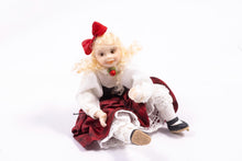 Load image into Gallery viewer, Little Girl Doll in Victorian Red & White Dress with Bow in Long Blonde Hair Sitting Down Pat Melvin Artisan Made