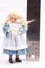 Load image into Gallery viewer, Dollhouse Miniature ~ Artisan Made Porcelain Blonde Hair Little Girl Doll in Apron & Blue Dress