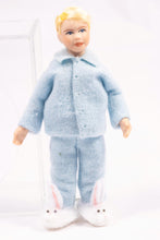 Load image into Gallery viewer, Dollhouse Miniature ~ Little Boy Doll Blonde Hair Light Blue Pajamas with Fuzzy Bunny Slippers Cindy Cook Artisan Made