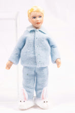Load image into Gallery viewer, Dollhouse Miniature ~ Little Boy Doll Blonde Hair Light Blue Pajamas with Fuzzy Bunny Slippers Cindy Cook Artisan Made