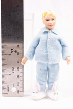 Load image into Gallery viewer, Dollhouse Miniature ~ Little Boy Doll Blonde Hair Light Blue Pajamas with Fuzzy Bunny Slippers Cindy Cook Artisan Made