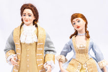 Load image into Gallery viewer, Dollhouse Miniature ~ 18th Century Colonial Doll Couple in Blue & Cream Champagne Colored Clothing Artisan Made Debra Hammond