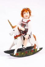 Load image into Gallery viewer, Dollhouse Miniature ~ Little Girl Porcelain Doll Short Red Hair Red Plaid Tartan Dress on Wooden Rocking Horse Artisan Made Irish Scottish