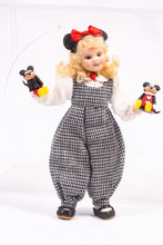 Load image into Gallery viewer, Curly Blonde Hair Little Girl Doll in B&W Checkered Overalls with Mickey Mouse Ears and Toys Artisan Made Pat Melvin