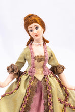 Load image into Gallery viewer, Porcelain Lady Doll in 18th Century Colonial Versailles Olive Green & Pink Dress Gown Debra Hammond Artisan Made